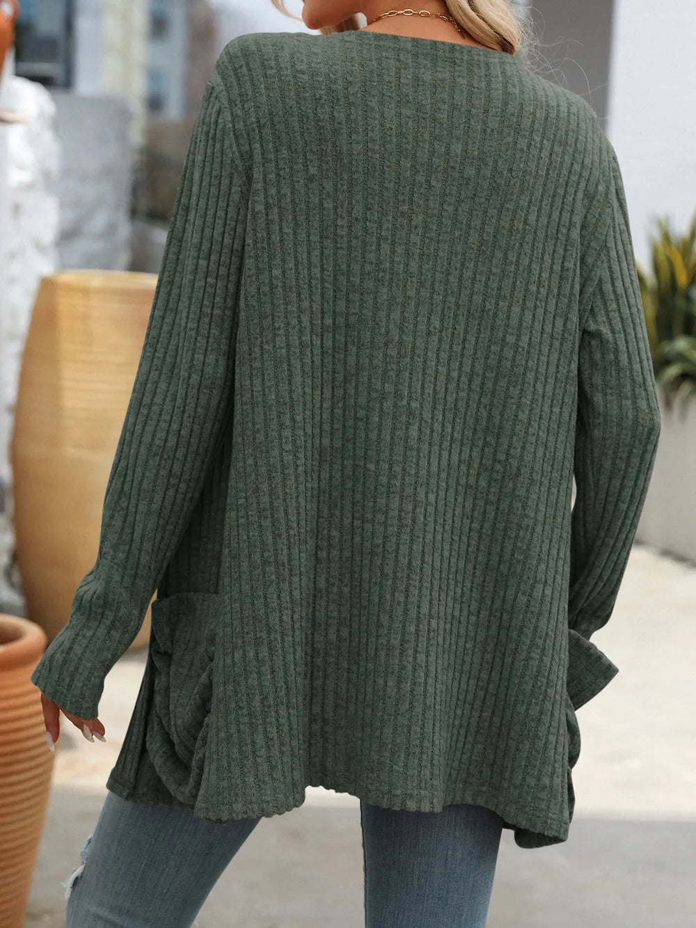 Autumn and winter new solid color pit stripe brushed pocket cardigan long sleeved jacket for women - Korvel
