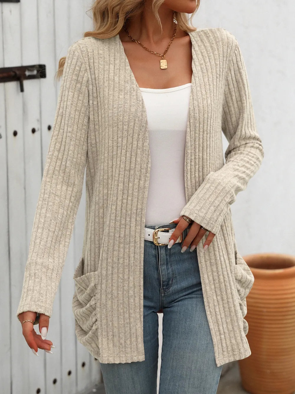 Autumn and winter new solid color pit stripe brushed pocket cardigan long sleeved jacket for women - Korvel
