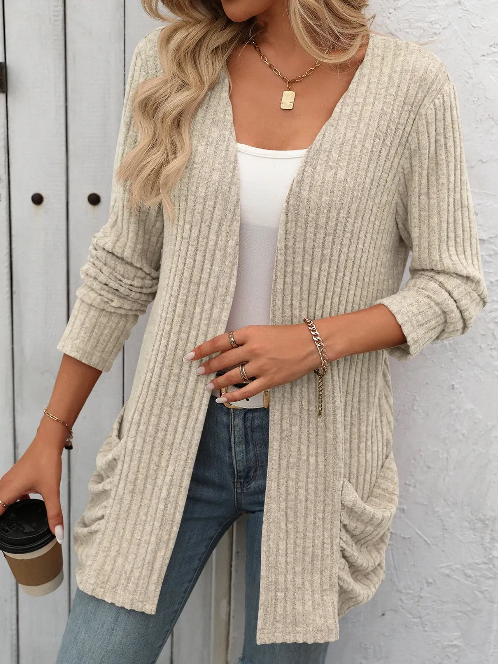 Autumn and winter new solid color pit stripe brushed pocket cardigan long sleeved jacket for women - Korvel