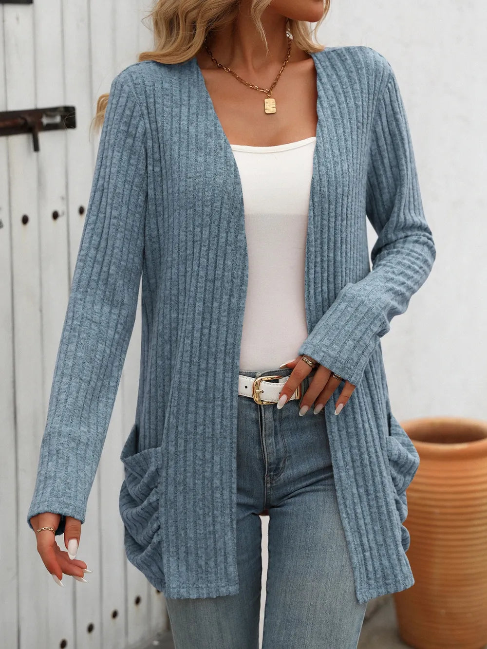 Autumn and winter new solid color pit stripe brushed pocket cardigan long sleeved jacket for women - Korvel