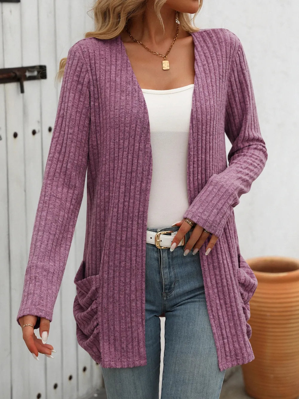 Autumn and winter new solid color pit stripe brushed pocket cardigan long sleeved jacket for women - Korvel