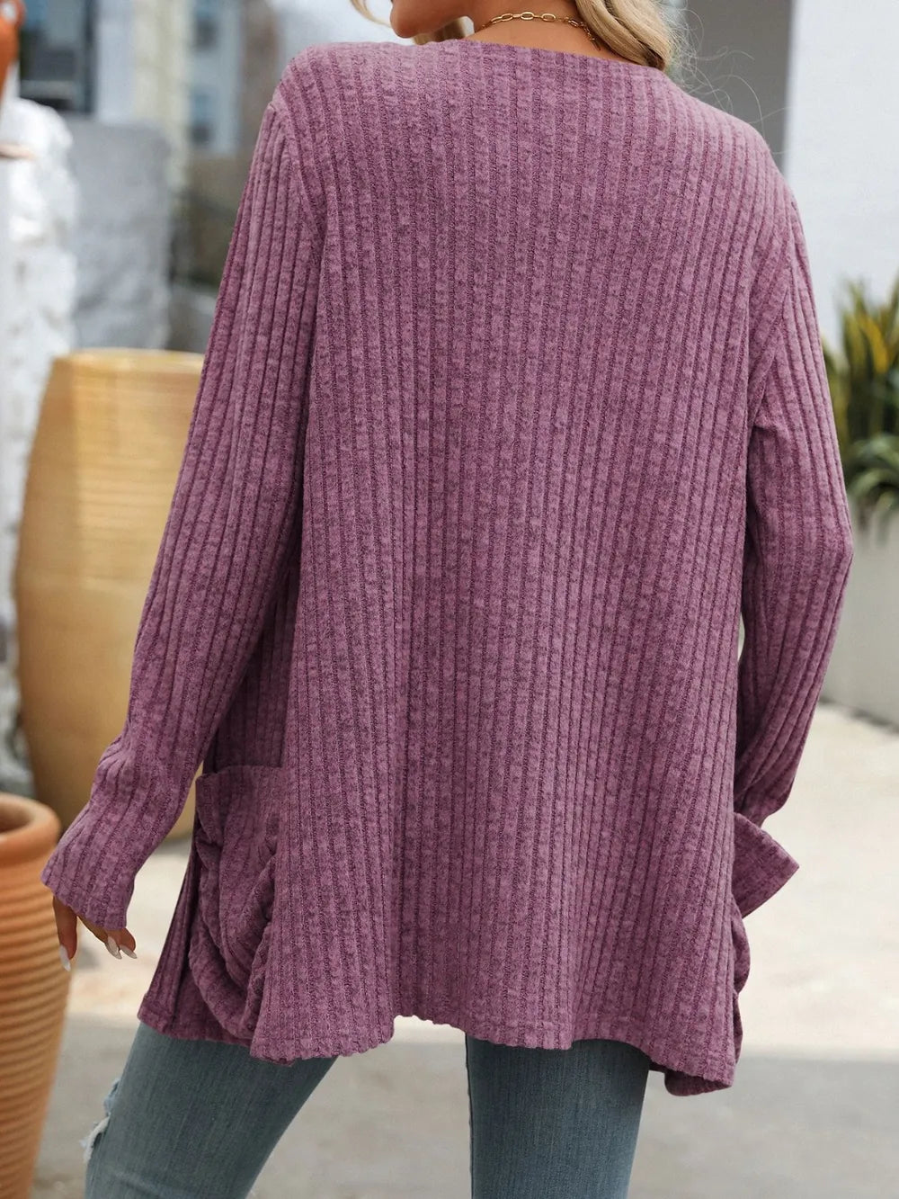 Autumn and winter new solid color pit stripe brushed pocket cardigan long sleeved jacket for women - Korvel