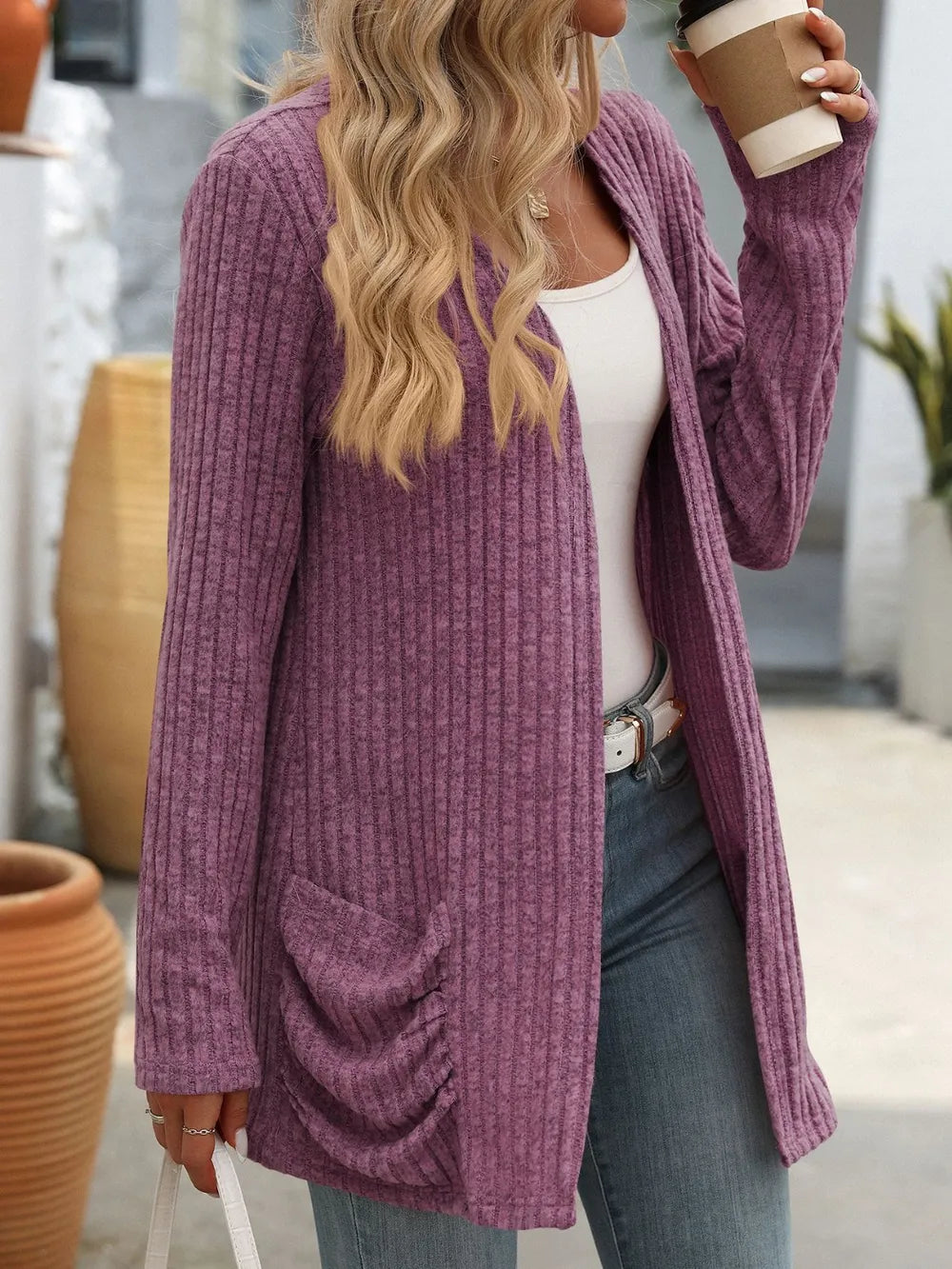 Autumn and winter new solid color pit stripe brushed pocket cardigan long sleeved jacket for women - Korvel