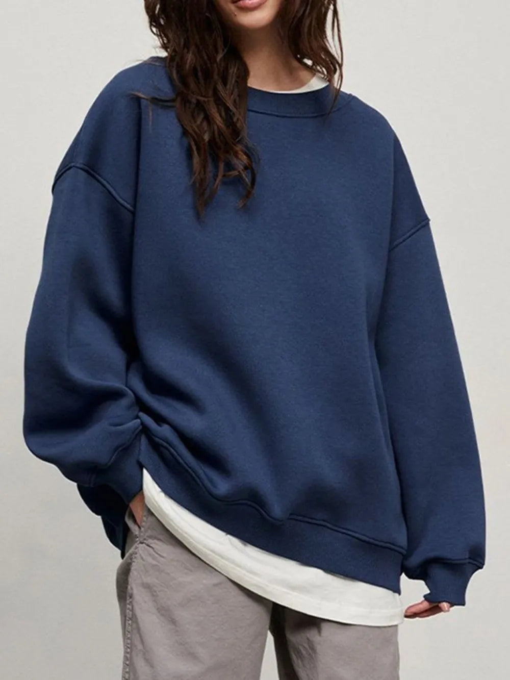 Autumn and winter new solid color round neck loose pullover sweatshirt long sleeved fleece sweater for women - Korvel