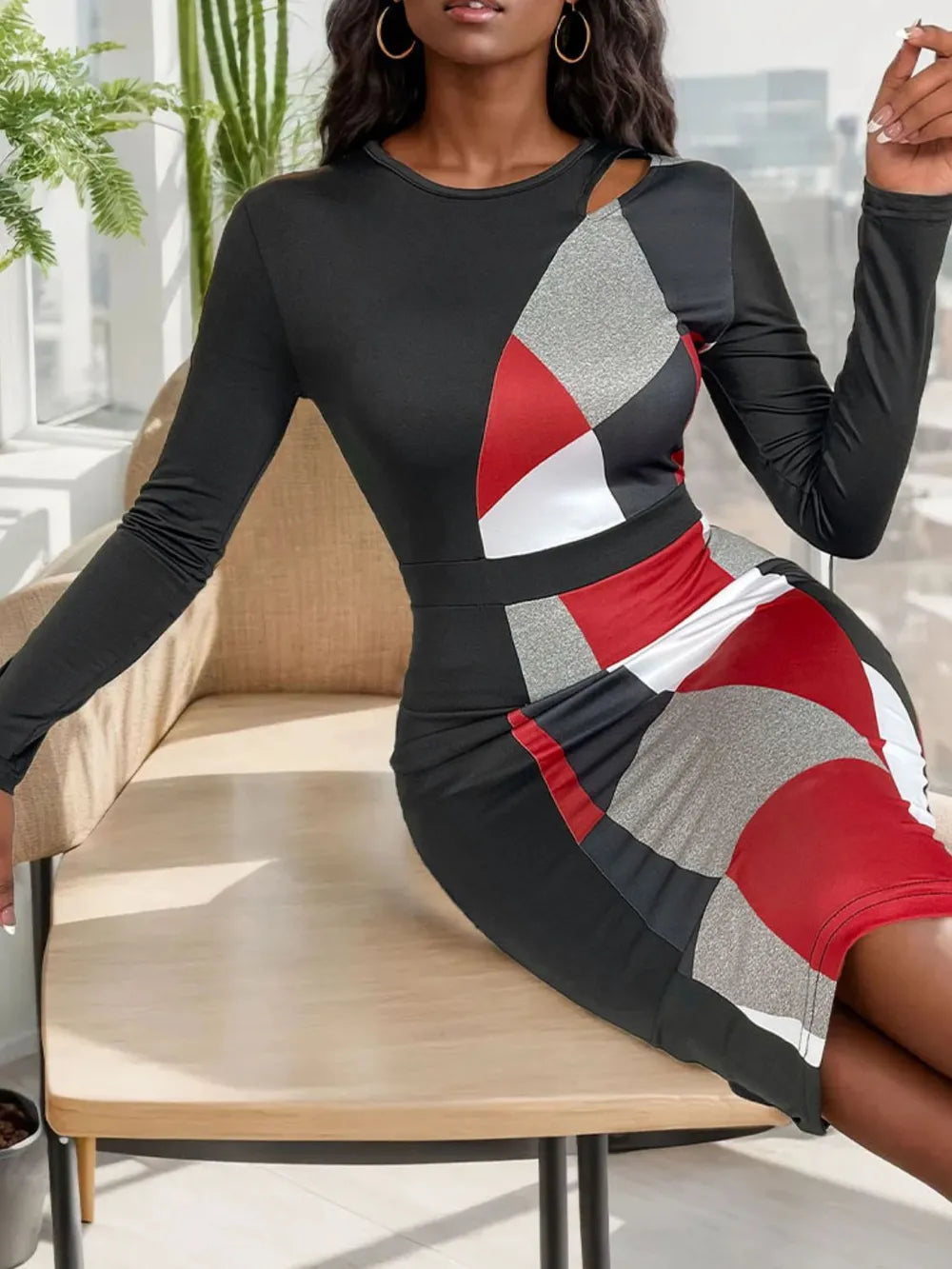 High-Waisted Geometric Long Skirt for Autumn Commuting
