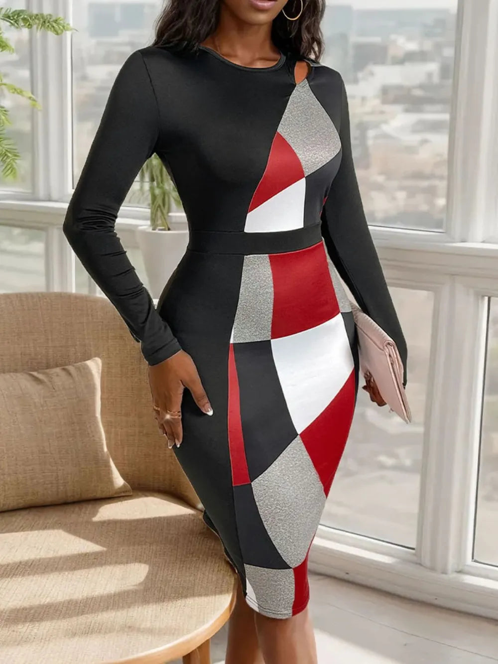 High-Waisted Geometric Long Skirt for Autumn Commuting