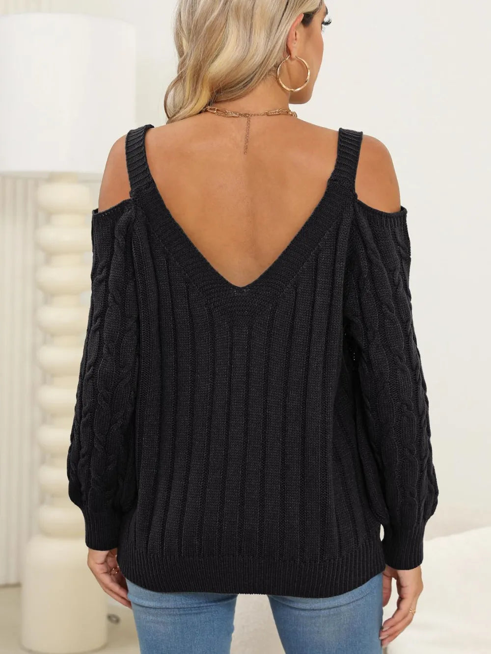 Autumn/Winter Top Deep V Sexy Off Shoulder Loose Hooded Sweater for Women - Korvel