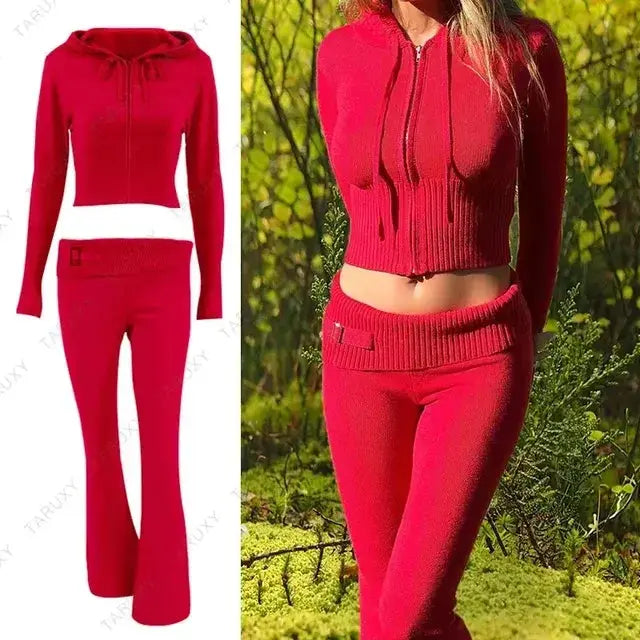 Ensemble de Haut Court à Capuche Tricoté Chic et Pantalons