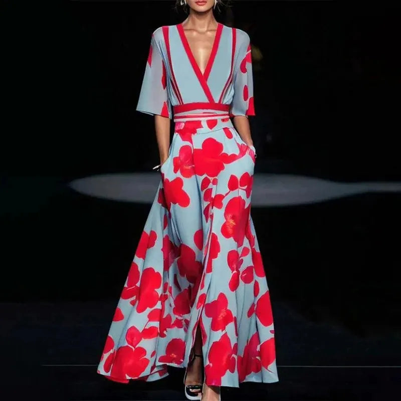 Elegant Printed Pleated Belt Dress