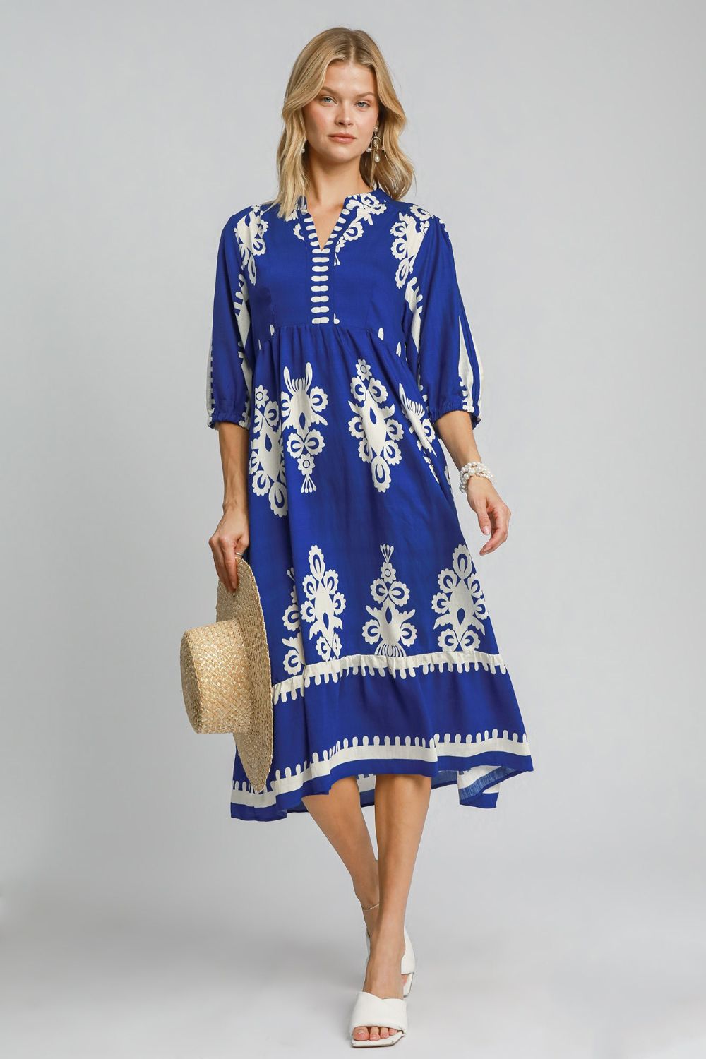 Vestido Midi Notched Impreso Azul Real - Elegante y Atemporal