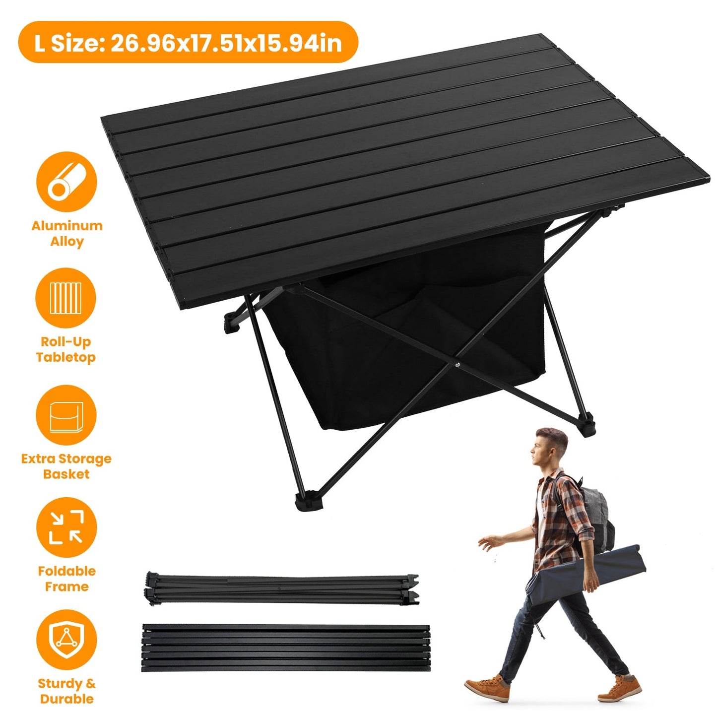 Foldable Camping Table with Storage Basket - Portable Aluminum Alloy