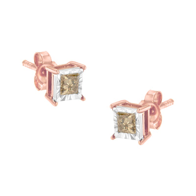 Pendientes de botón solitario de diamante de dos tonos chapados en oro rosa de 14K