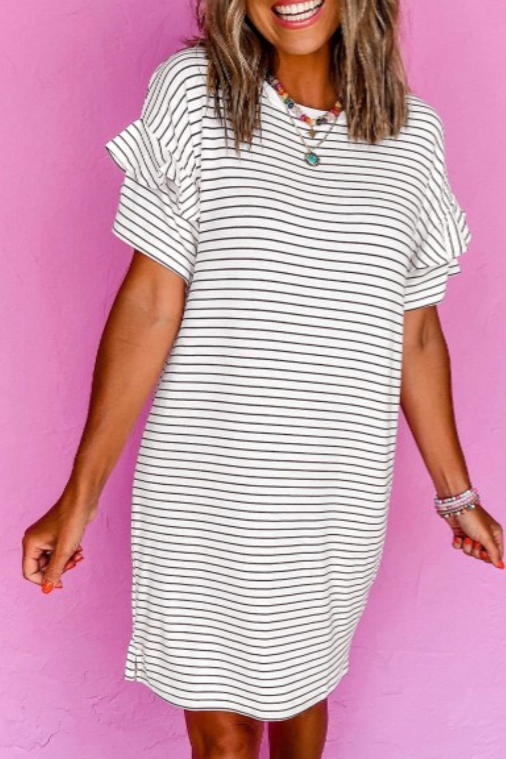 White Striped Round Neck Short Sleeve Mini Dress Casual & Playful Everyday Look Dress - Korvel