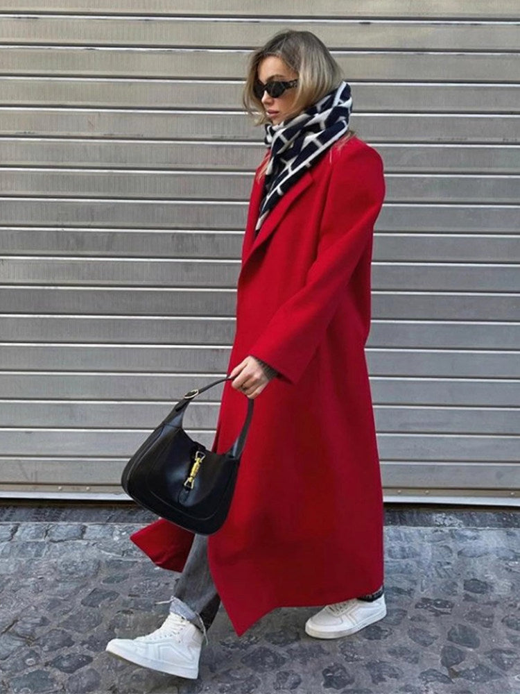 Extra-Long Dark Red Wool Coat for Women