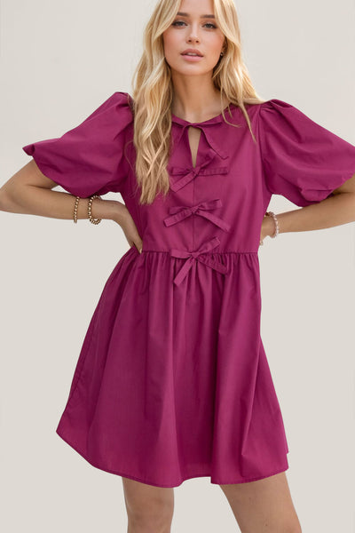 Elegant Ruched Puff Sleeve Mini Dress with Bow Detail