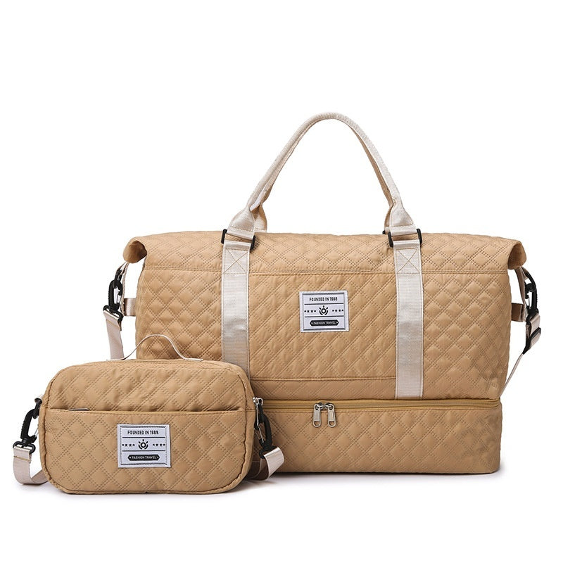 Large-Capacity Quilted Travel Duffel Bag with Embroidered Handle