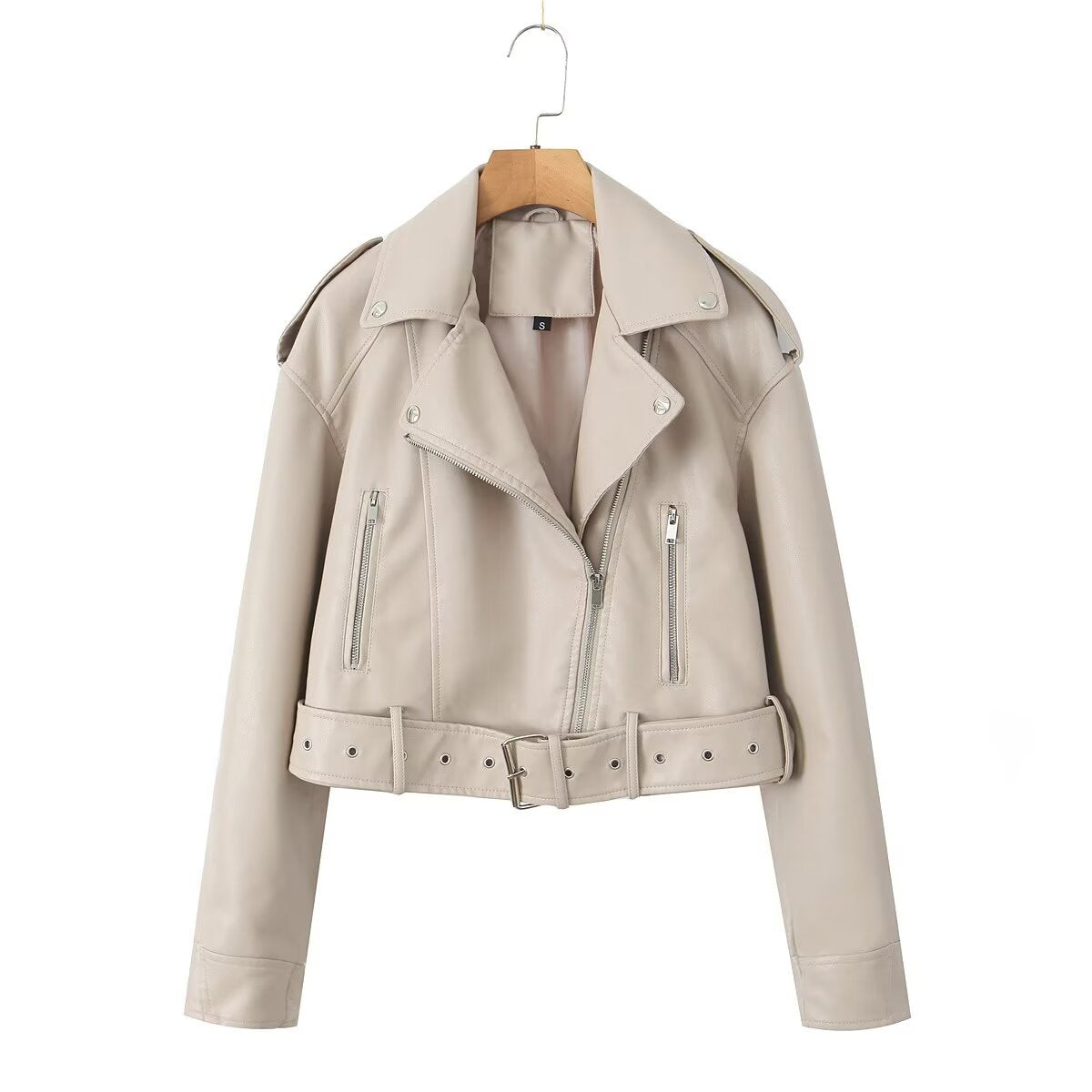Chaqueta de moto corta con cinturón retro para mujer
