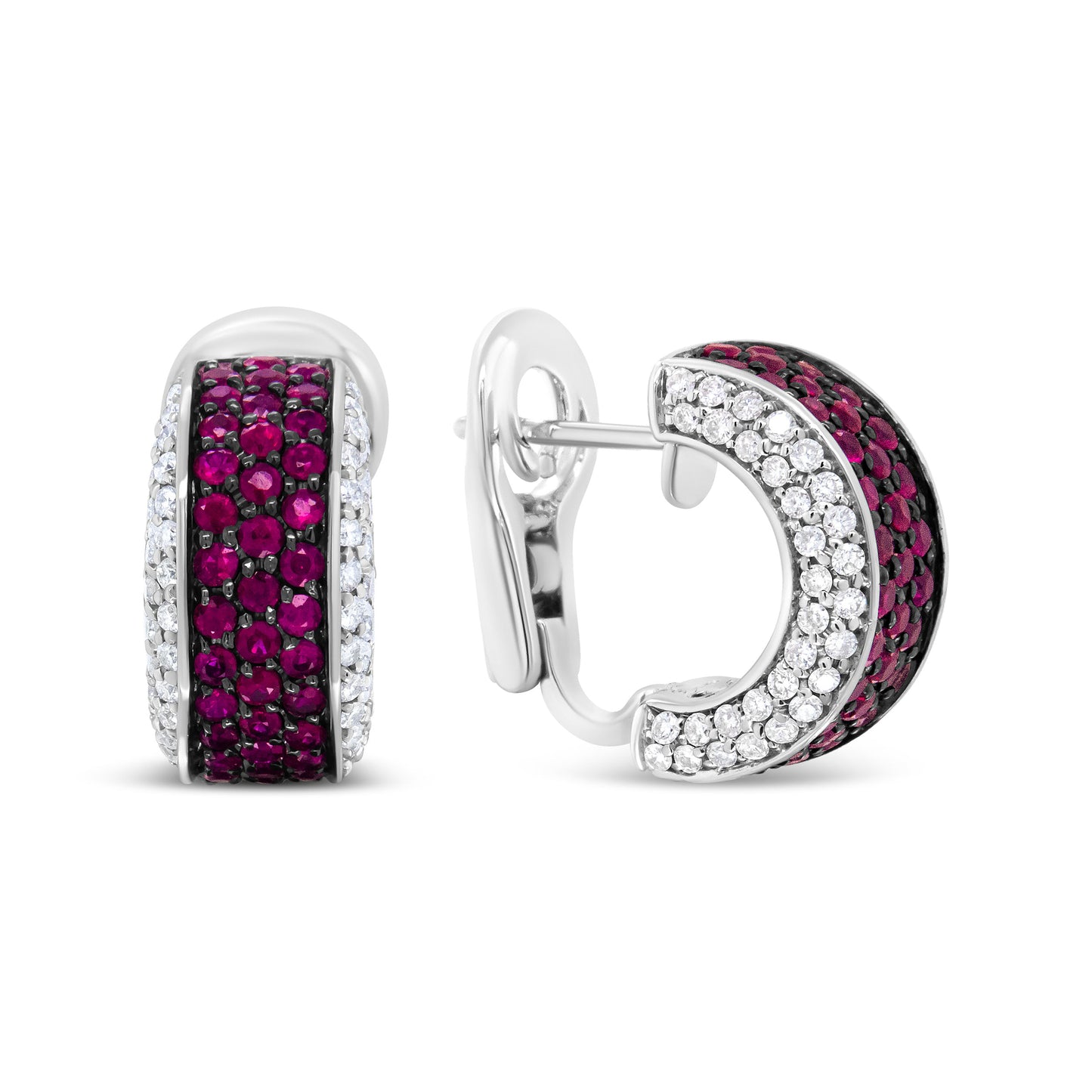 Boucles d'oreilles créoles huggie en or blanc 18K et rhodium noir avec diamants et rubis