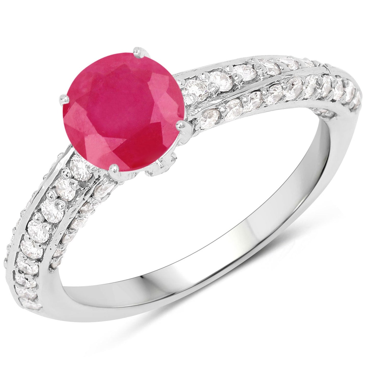 1.49 Carat Genuine Ruby and White Diamond 14K White Gold Engagement Ring