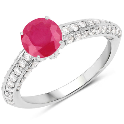 1.49 Carat Genuine Ruby and White Diamond 14K White Gold Engagement Ring