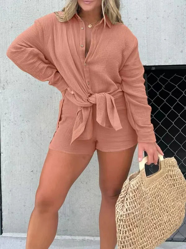 Ensemble de Chemise Longue et Short en Crêpe à Double Couche