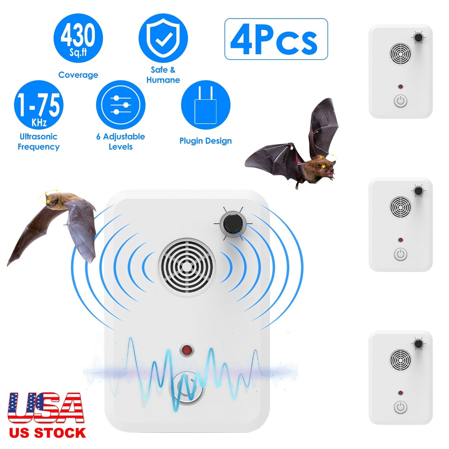 4-Pack Ultrasonic Bat & Pest Repellent Device
