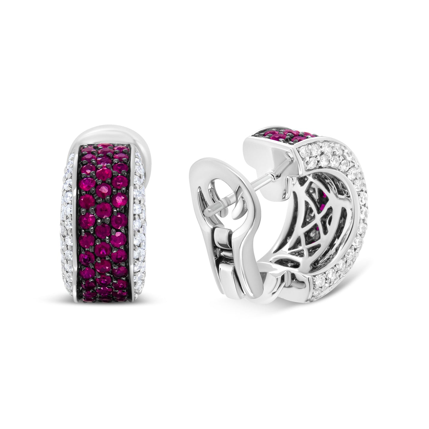 Boucles d'oreilles créoles huggie en or blanc 18K et rhodium noir avec diamants et rubis
