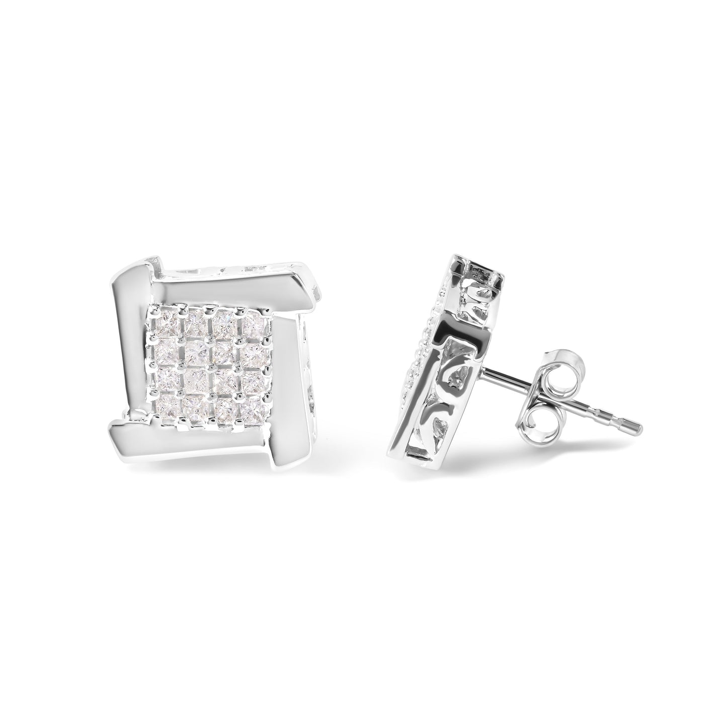 10K White Gold 1/2 Cttw Princess Diamond Square and Swirl Stud Earrings