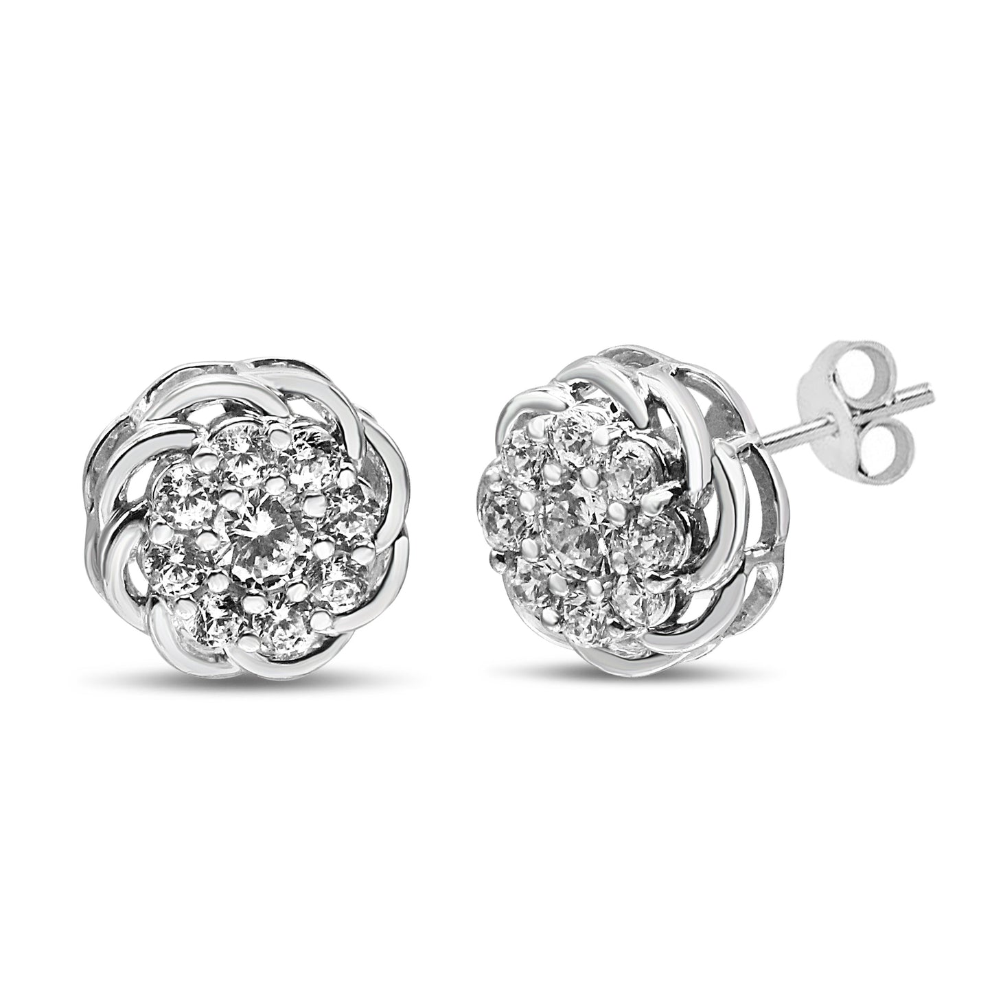 Pendientes de Stud de Halo Floral con Diamantes en Clúster de Plata Esterlina .925