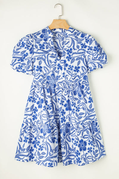 Royal Blue Printed Puff Sleeve Dress - Stylish & Feminine