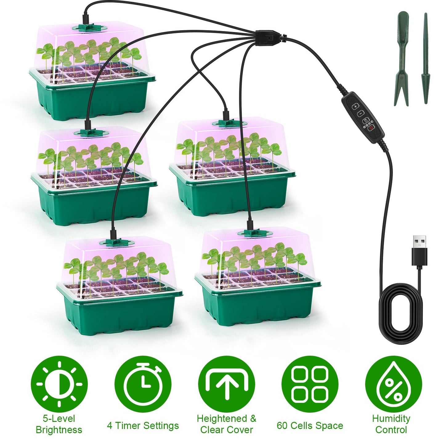 5-Pack Seed Starter Tray with Grow Light and Humidity Dome