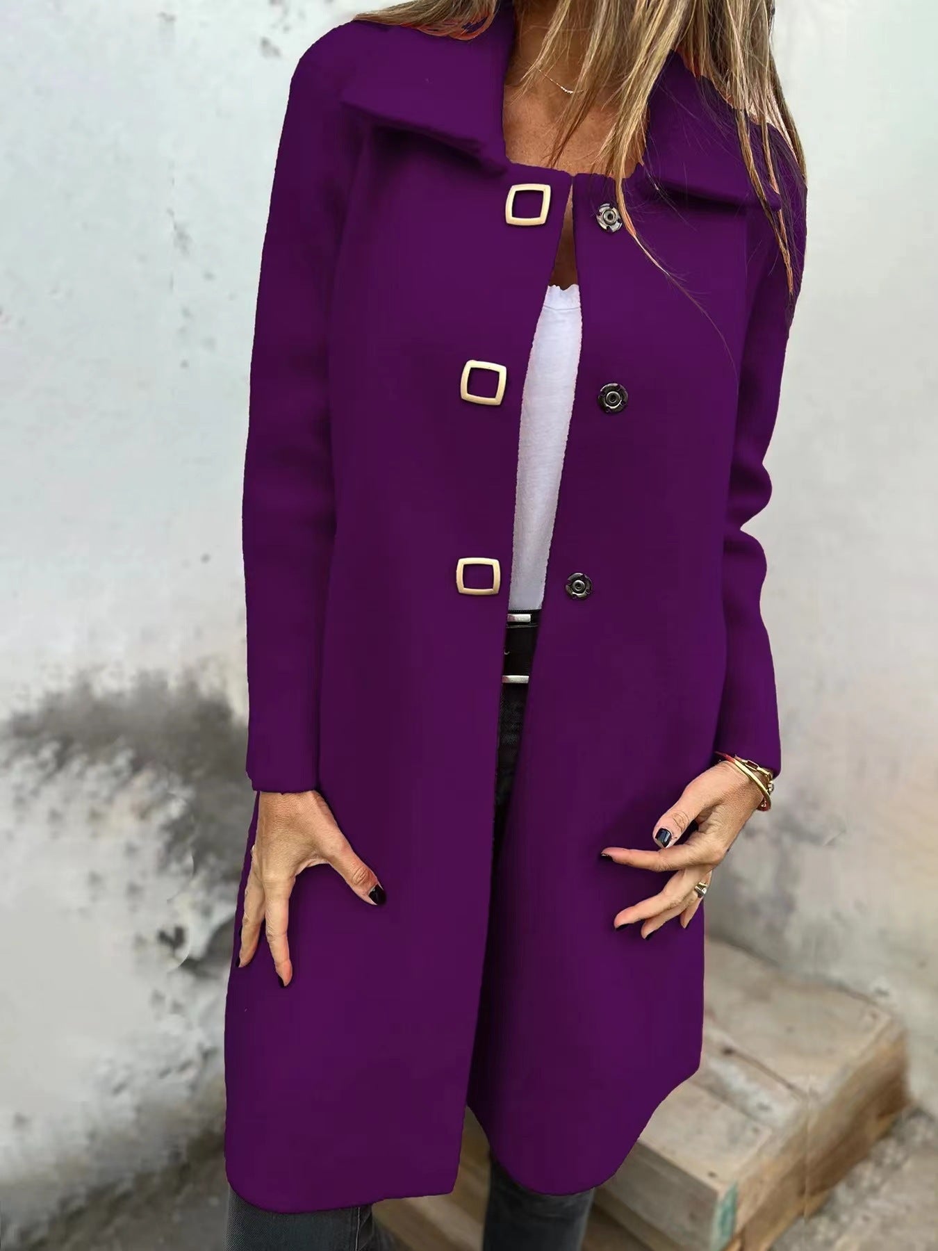 Abrigo de lana elegante para mujer de longitud media con diseño de botonadura simple