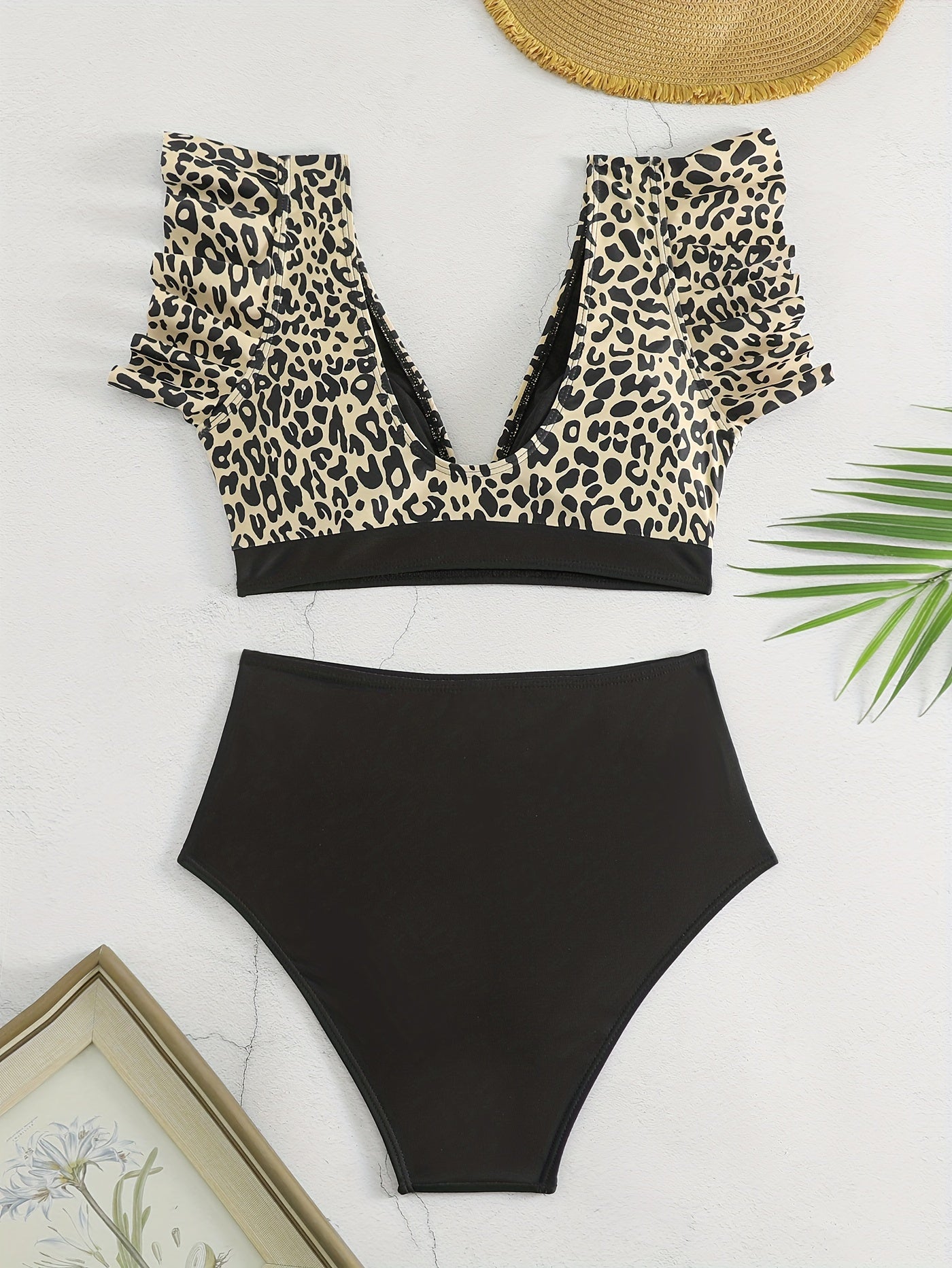 Elegant Black Ruffle V Neck High Waisted Bikini Set