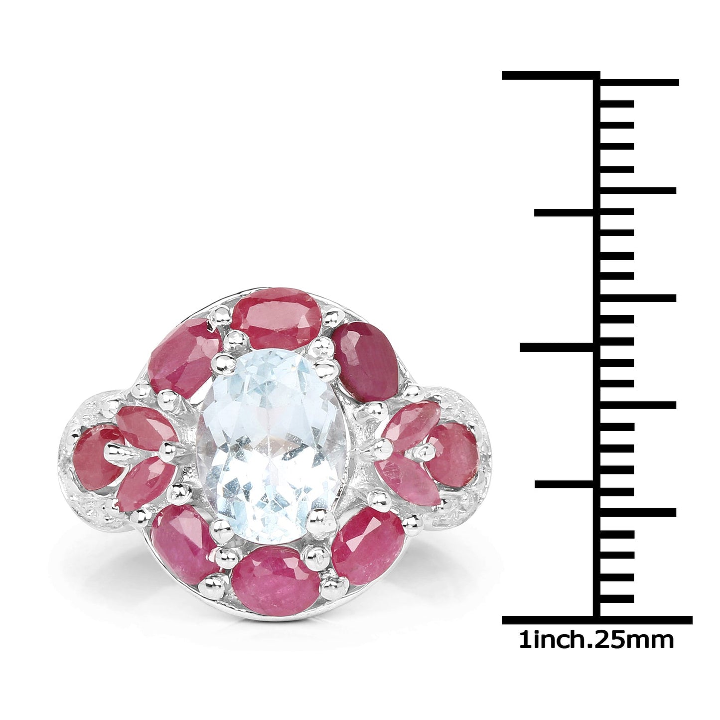 3.54 Carat Aquamarine, Ruby & White Topaz Sterling Silver Ring