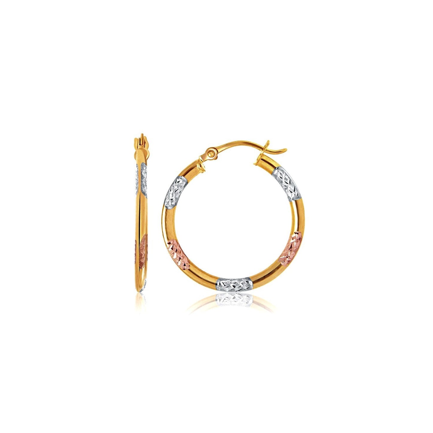 Boucles d'oreilles créoles classiques en or tri-couleur 10k avec détails en taille diamant