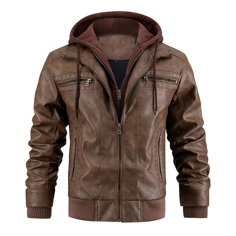 Men's Faux Leather Jacket Motorcycle Jacket Waterproof Windproof PU Moto Vintage Bomber Hoodie With Removable Hood - Korvel