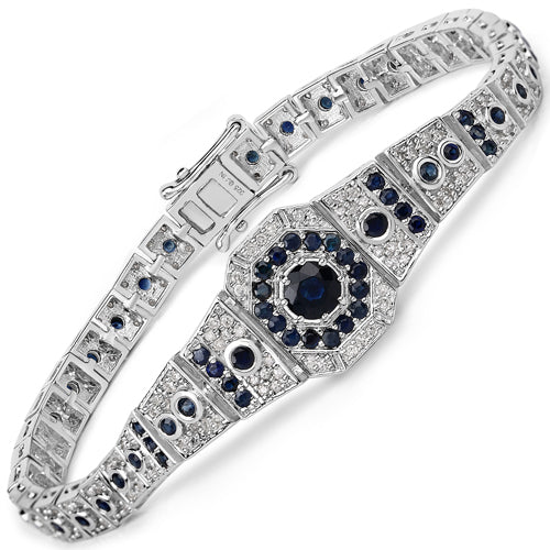 3.79 Carat Genuine Blue Sapphire & White Diamond Bracelet