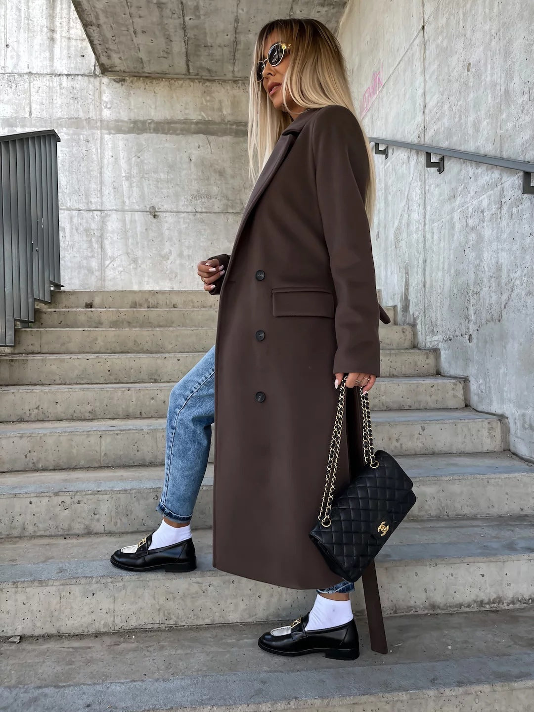 Double-Breasted Lapel Split Jacket with Belt for Women