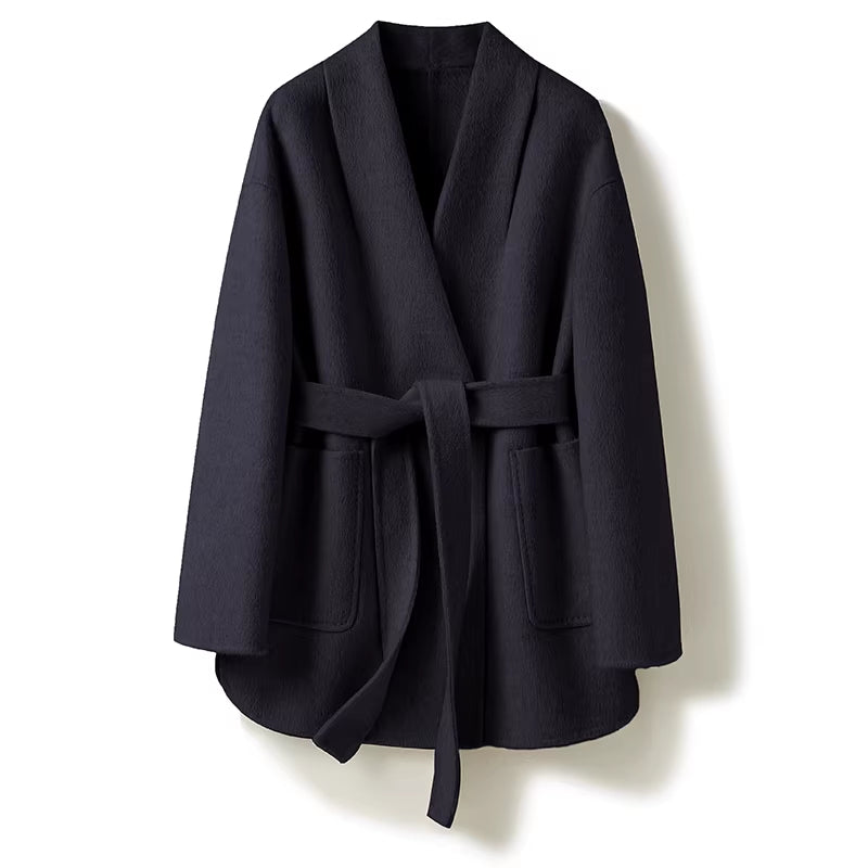 Camel-Wool V-Neck Double-Faced Belted Coat