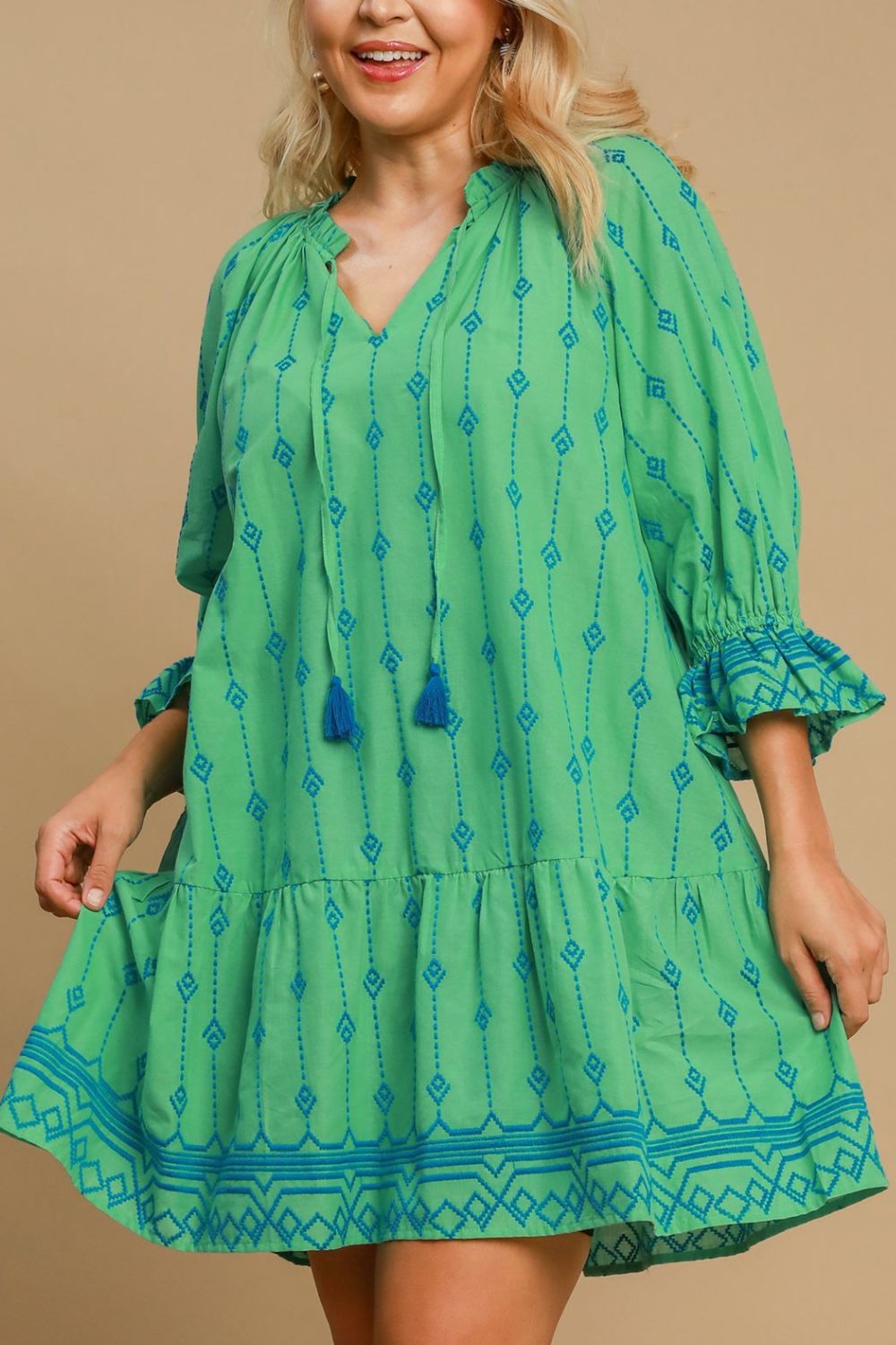 Plus Size Tassel Embroidered Sleeve Mini Dress in Green