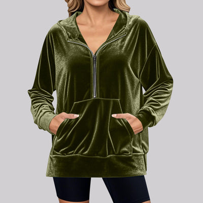 Loose Long Sleeve Zipper Pocket Pleuche Top for Women