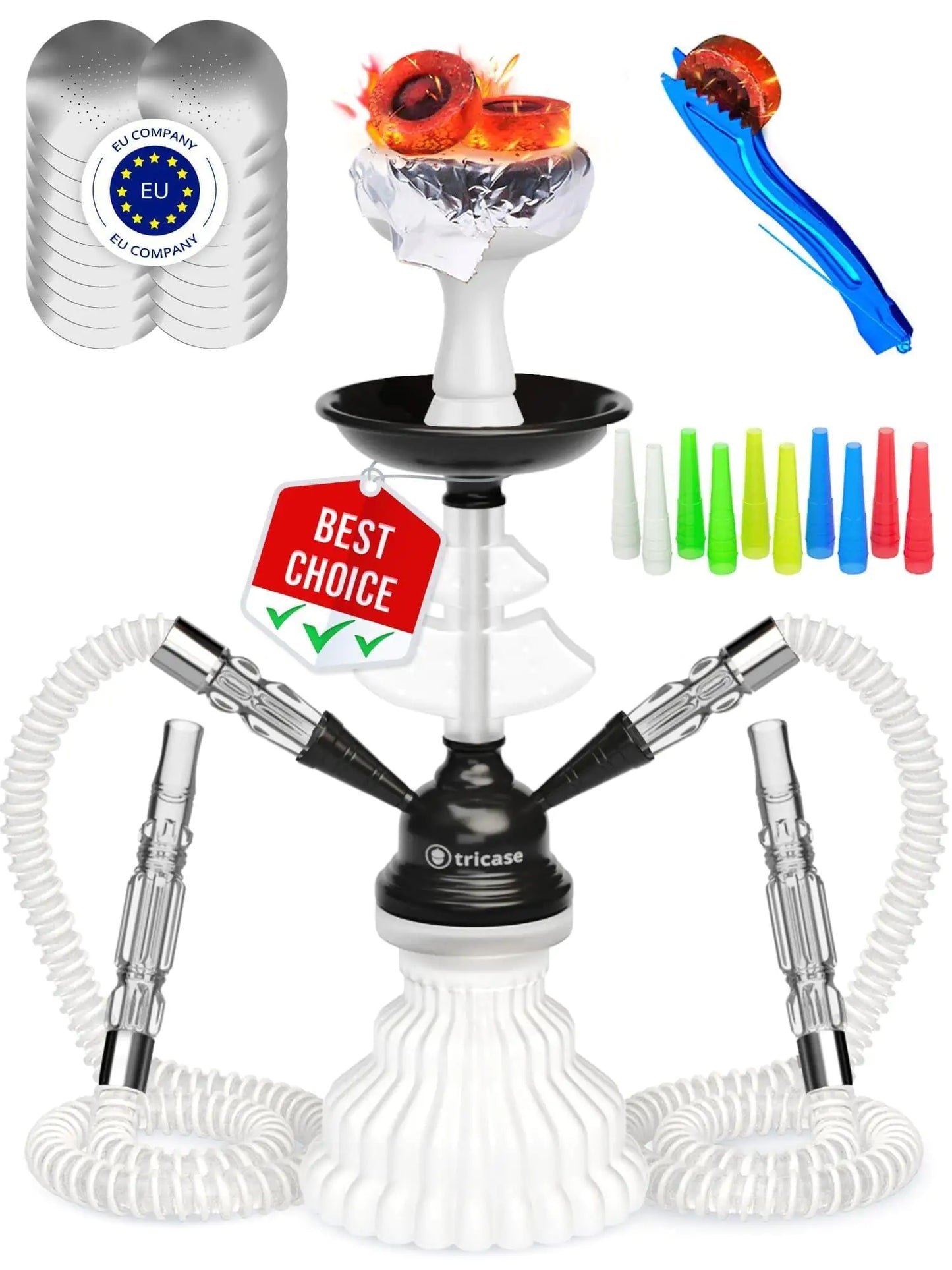Ensemble de Hookah Premium Blanc et Noir avec Deux Tuyaux