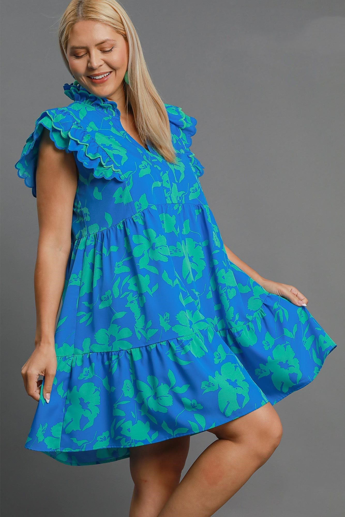 Robe Mini Imprimée Florale Bicolore Élégante Bleue