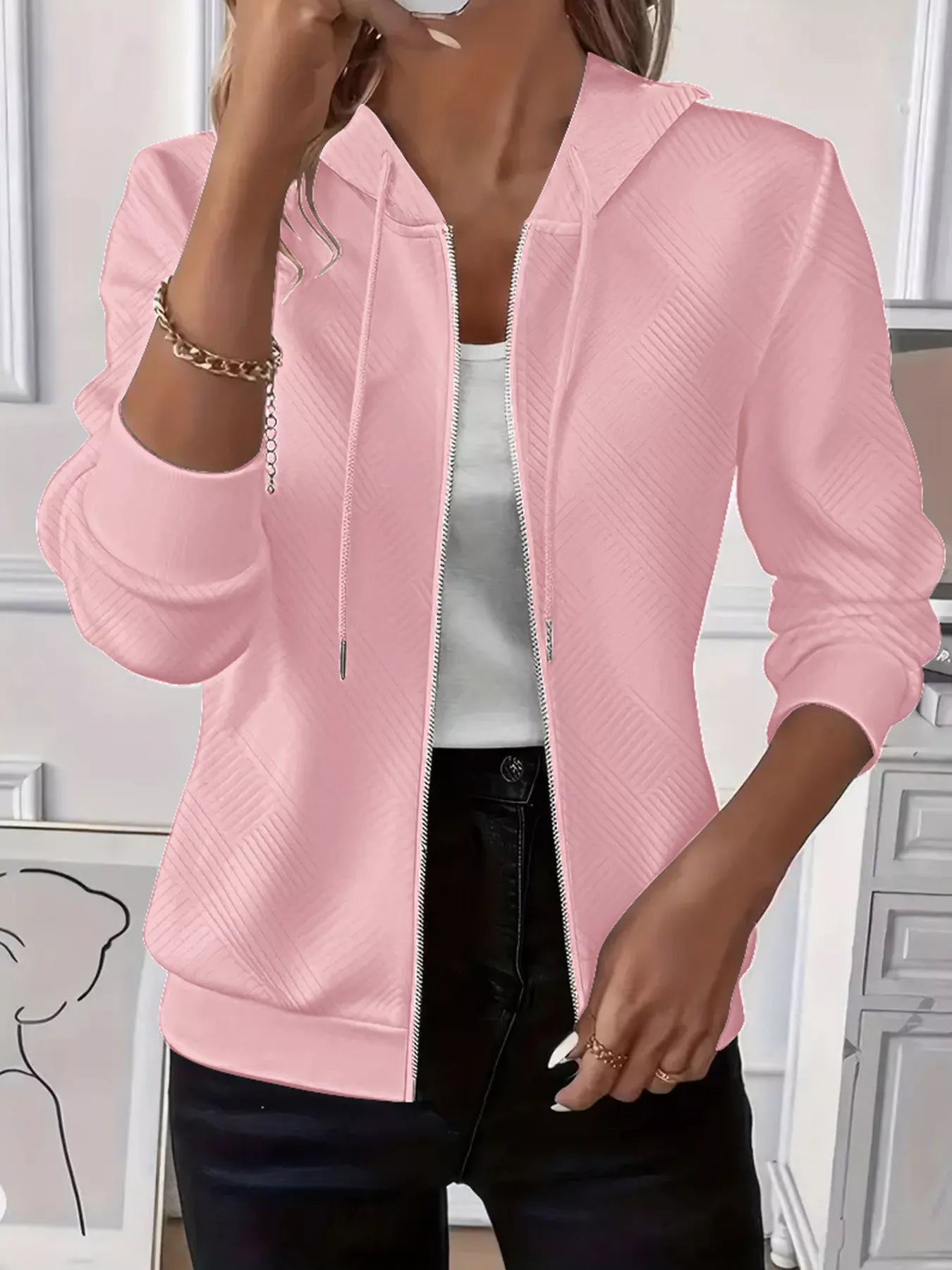 Texture Zip-Up Hoodie with Adjustable Drawstring