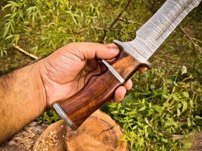Premium 14-Inch Handcrafted Damascus Steel Bowie Knife | Rosewood Handle & Leather Sheath | KBS Knives - Korvel