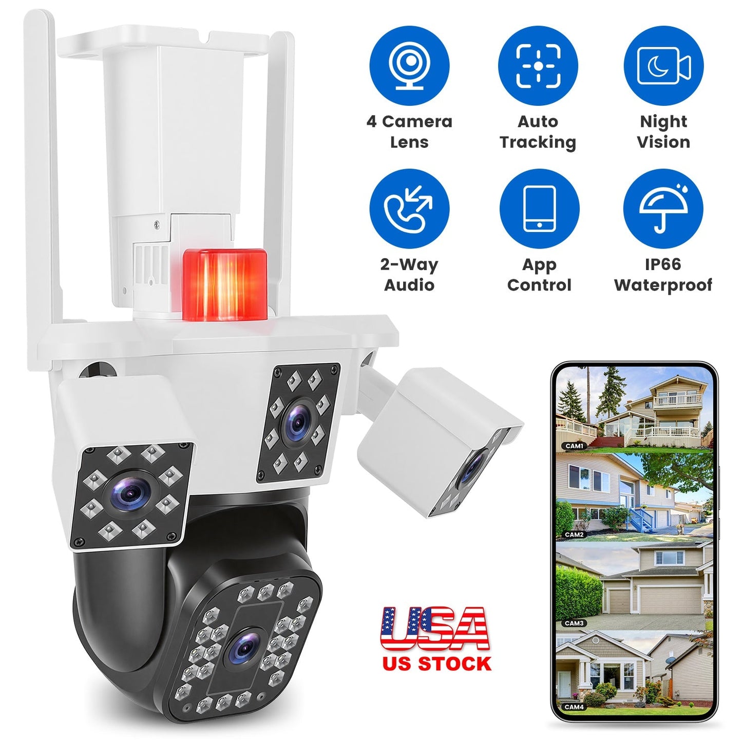 Cámara de vigilancia WiFi 4 lentes 1080P HD con visión nocturna