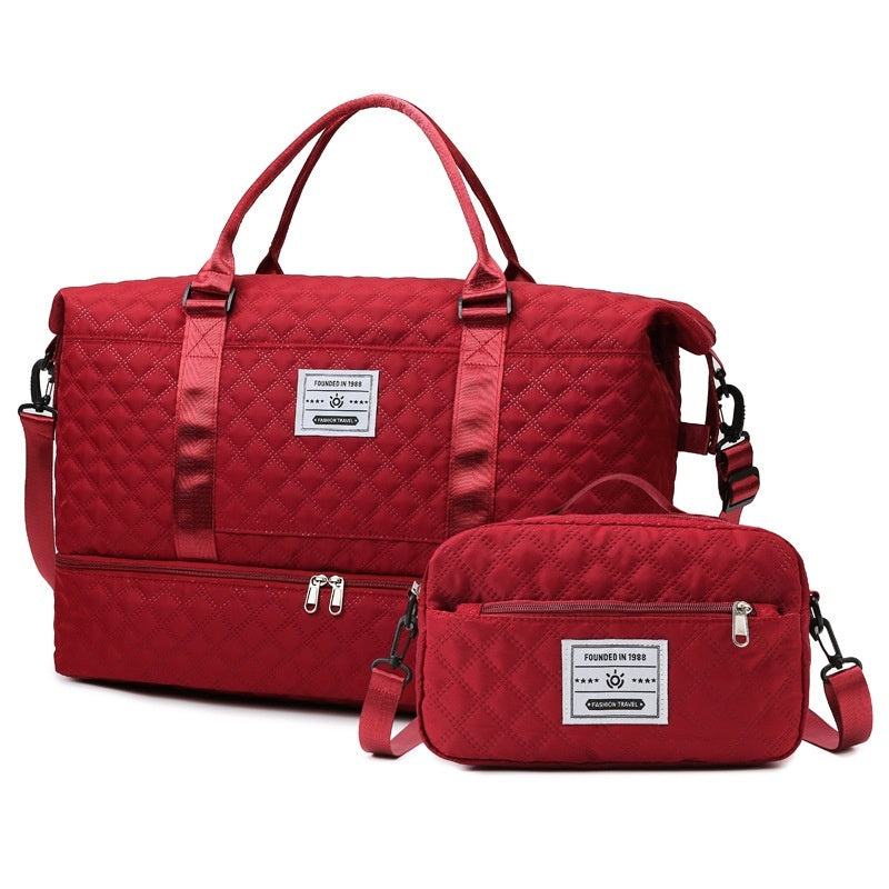 Large-Capacity Quilted Travel Duffel Bag with Embroidered Handle