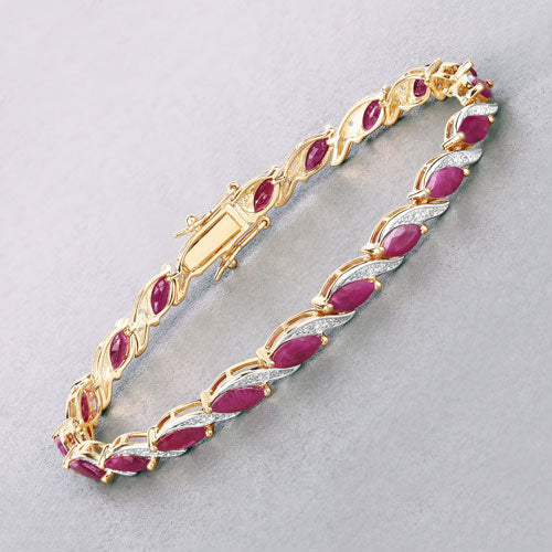 7.78 Carat Genuine Ruby and White Diamond Bracelet in 10K Yellow Gold