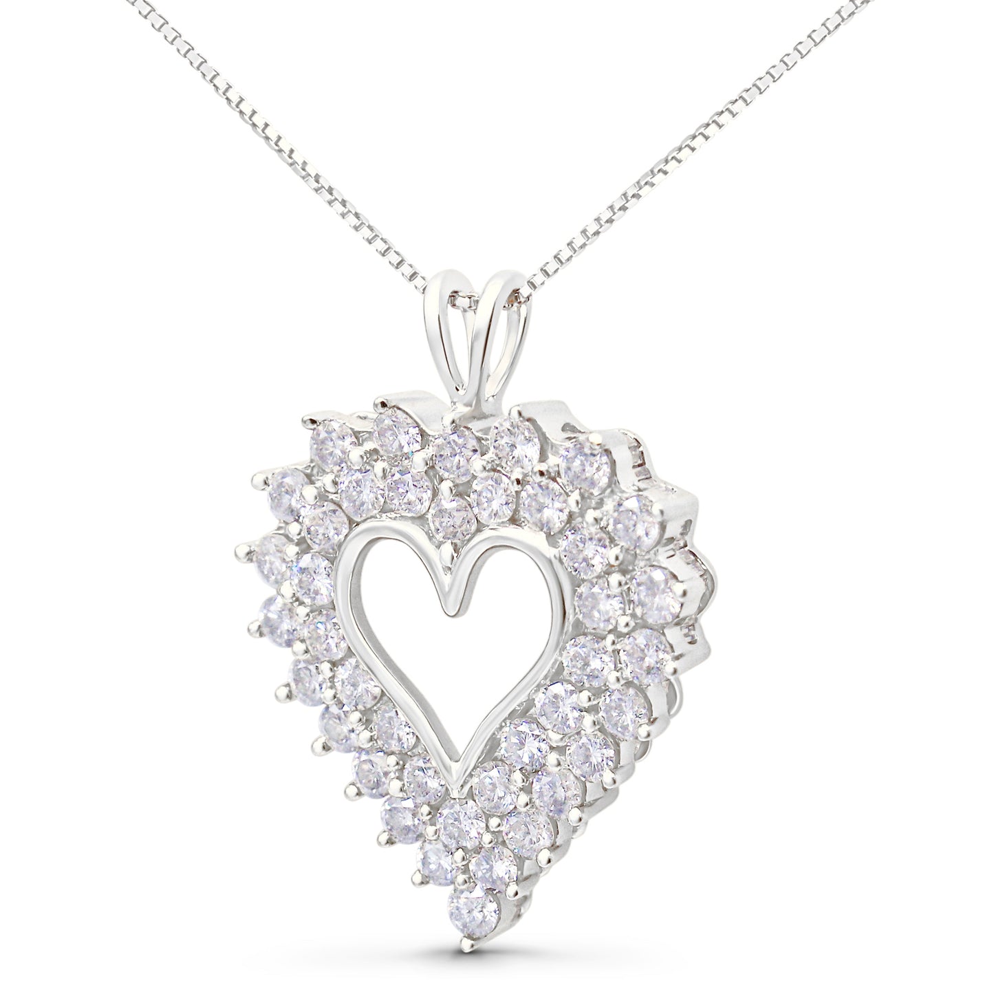Collier Pendentif Cœur Ouvert à Deux Rangées en Argent Sterling 925 avec Diamants