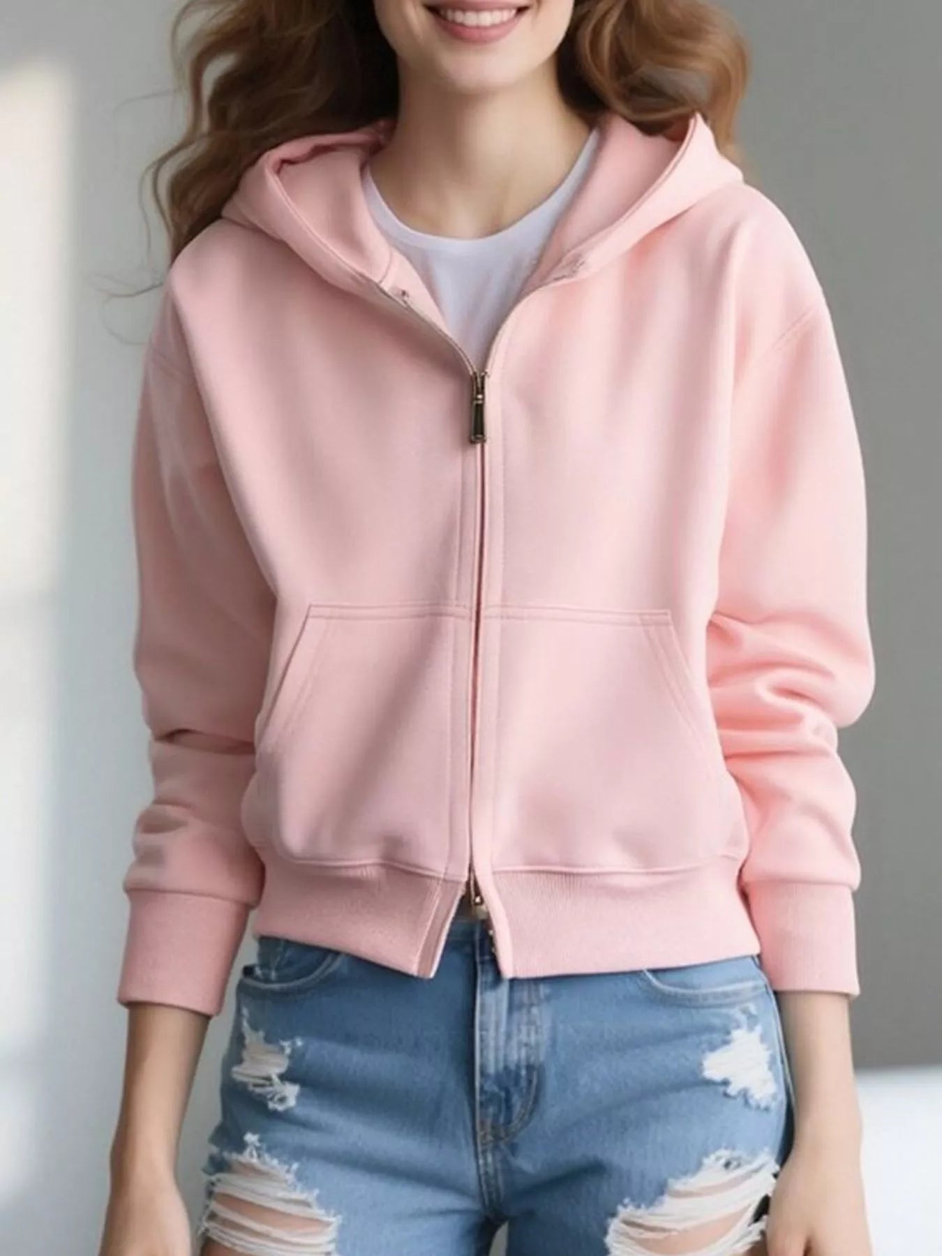 Plus Size Casual Zip-Up Long Sleeve Hoodie